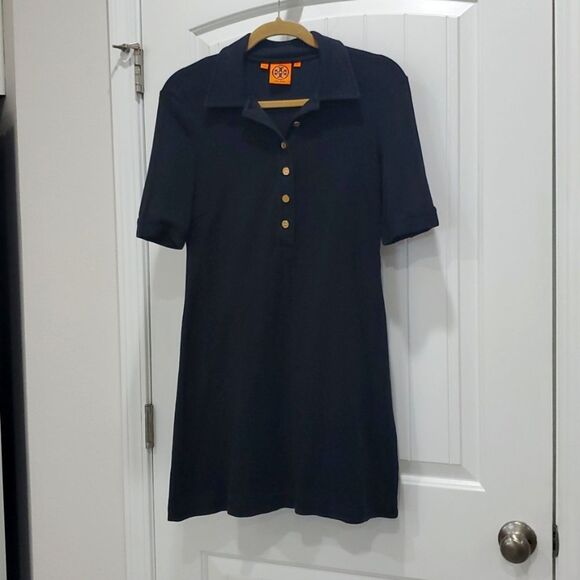Tory Burch Crepe Polo Dress in Black, Gold Buttons, Size Med - Picture 1 of 7
